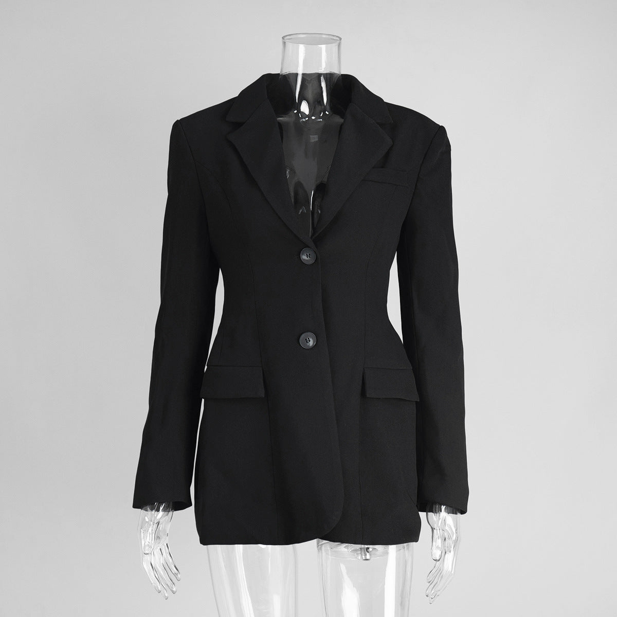 Tailored Two-Button Blazer with Cinched Waist in Black — front view