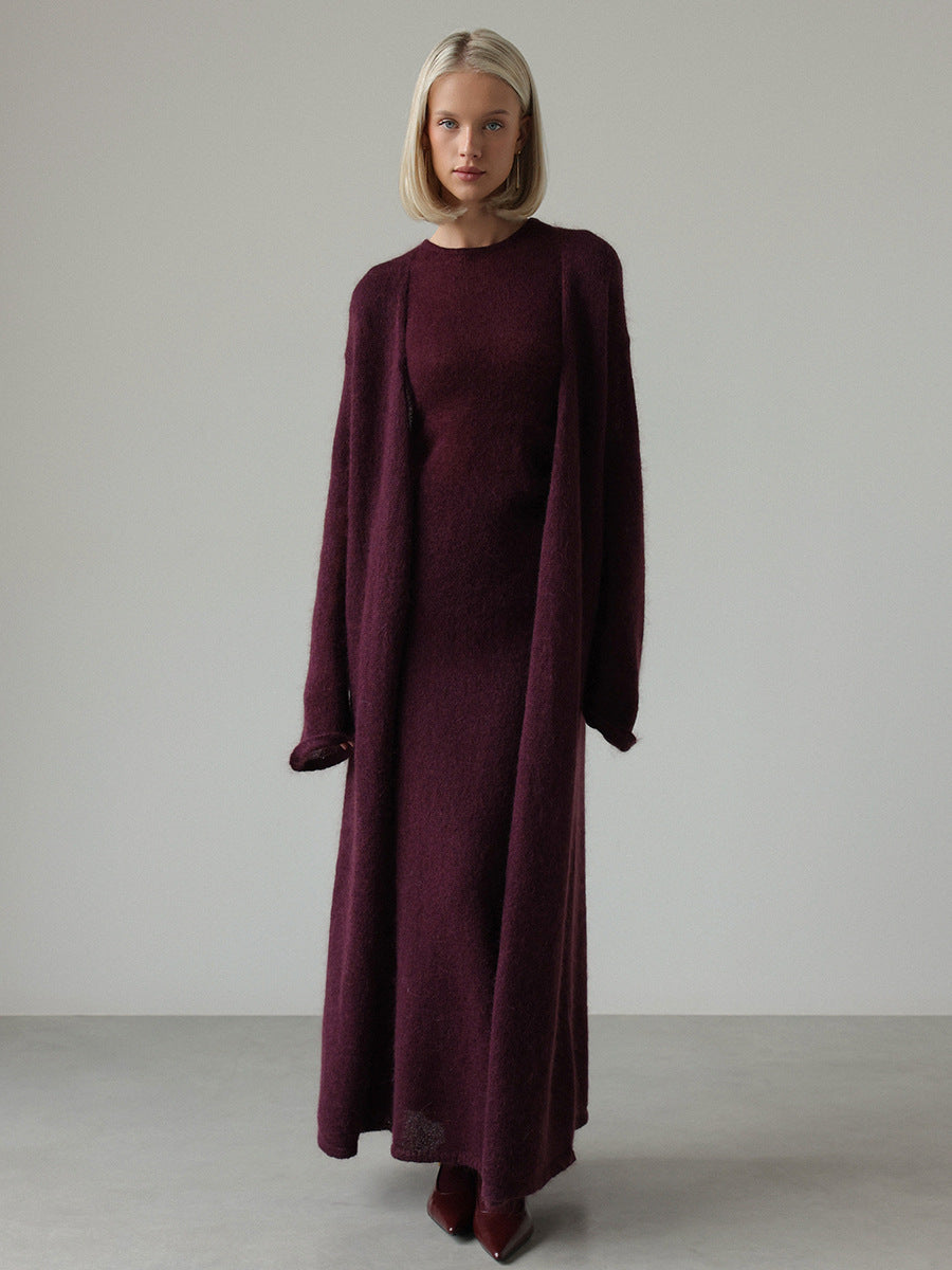 Airy Knit Long Cardigan & Sleeveless Maxi Dress Set in Plum — full-length view on model, cardigan over dress