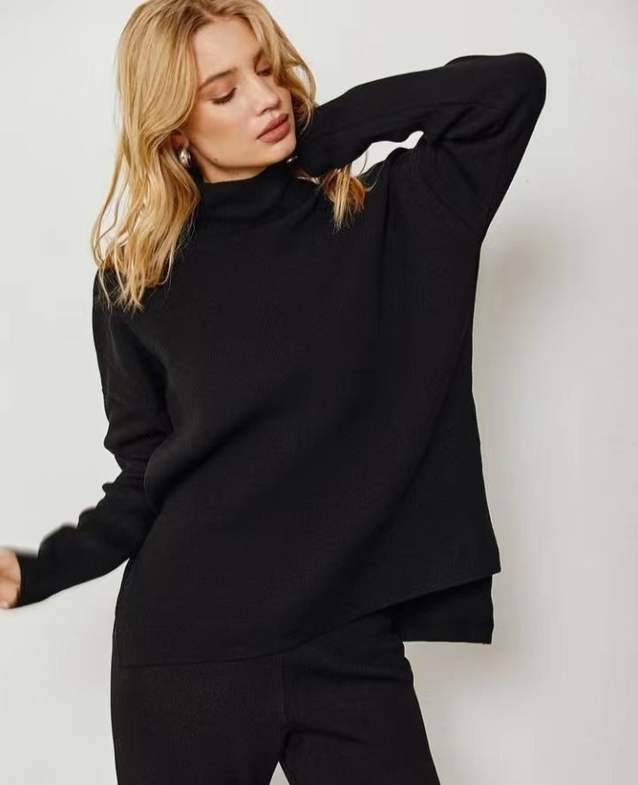 Mock Neck Knit Top and Wide-Leg Pants Set in Black — top front detail
