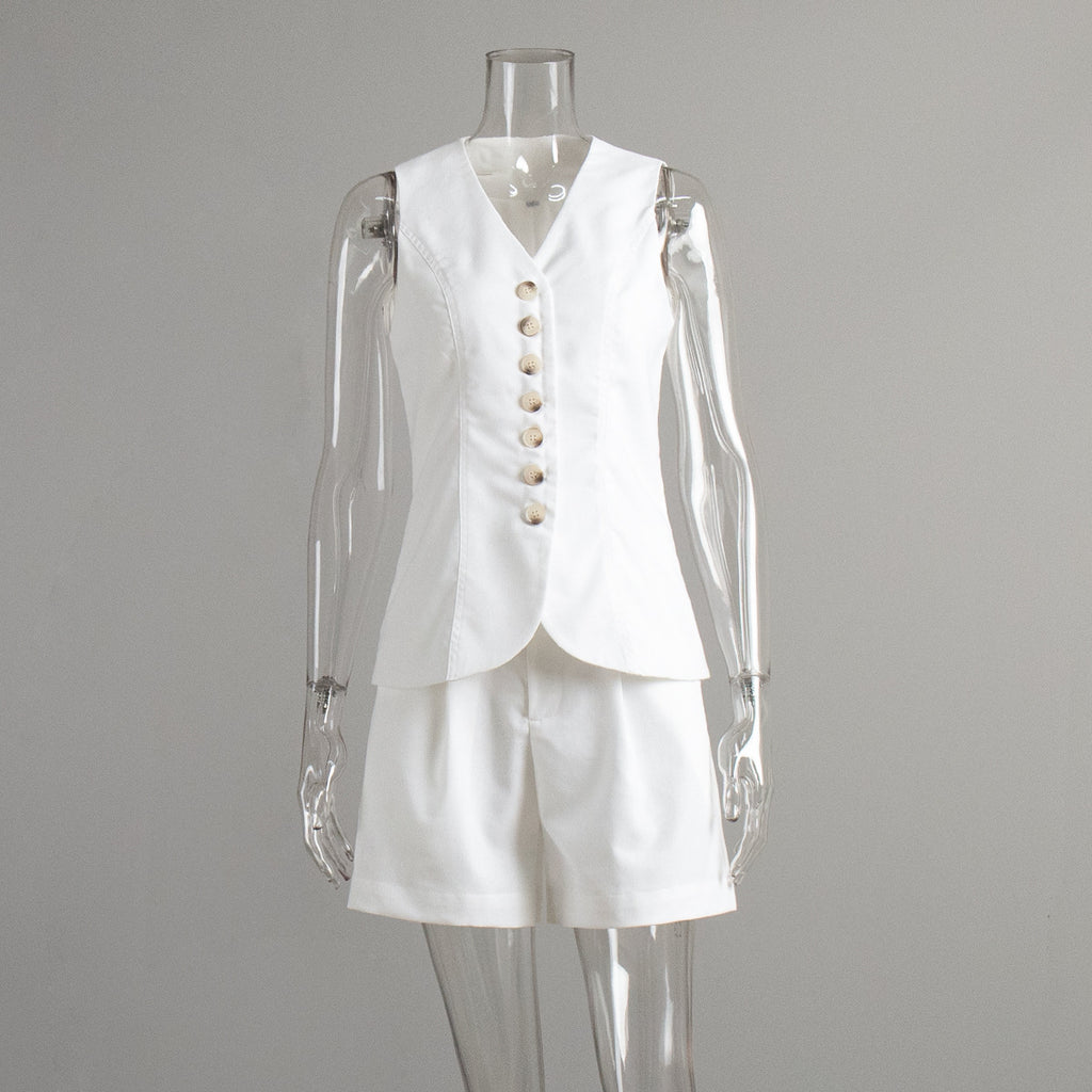 Linen-Blend Vest & Pleated Shorts Set in White — front view on mannequin