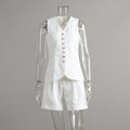 Linen-Blend Vest & Pleated Shorts Set in White — front view on mannequin