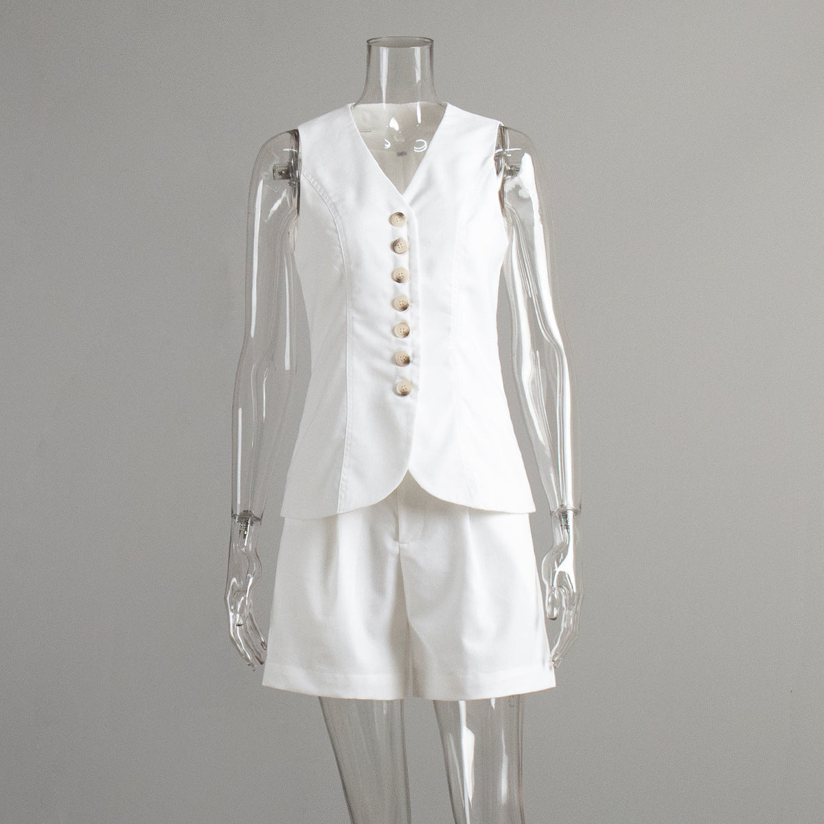 Linen-Blend Vest & Pleated Shorts Set in White — front view on mannequin