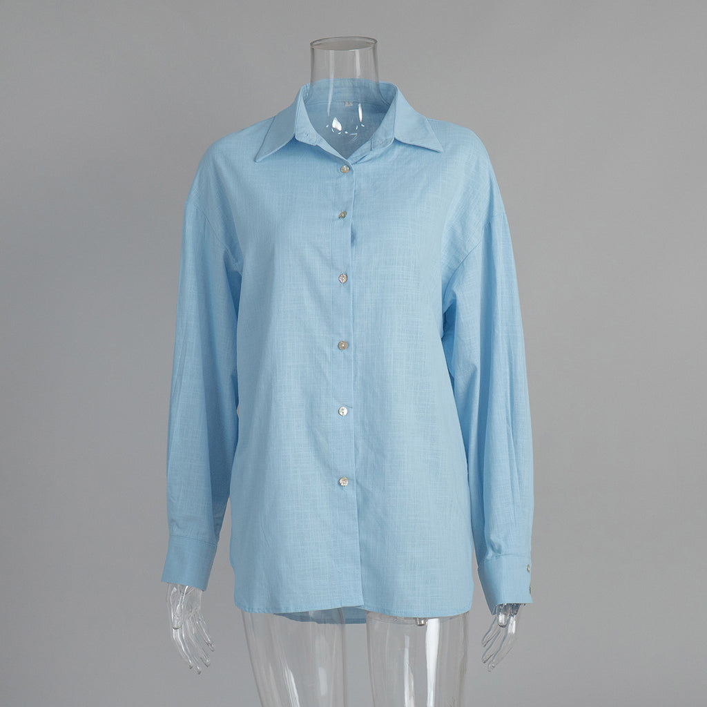 Relaxed Cotton Button-Down Shirt in Sky Blue — front view