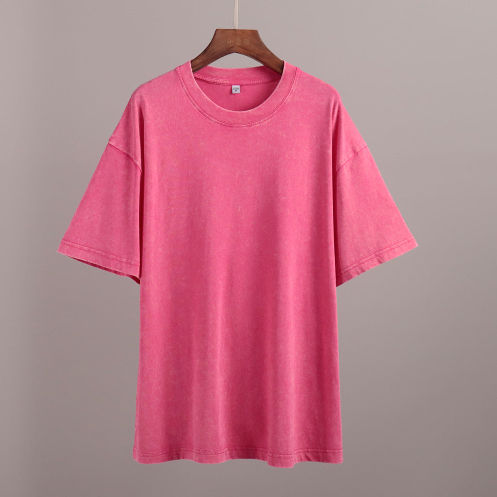 Oversized Washed Cotton Crewneck Tee in Hot Pink — on hanger