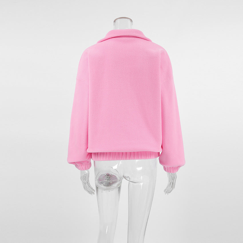 Relaxed Half-Zip Fleece Pullover with Elastic Hem in Pink — back view on mannequin