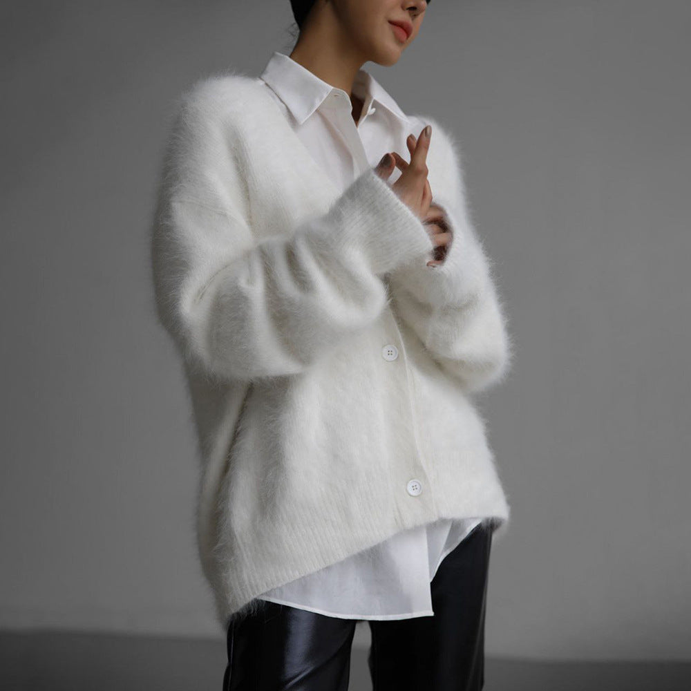 Fuzzy Knit Oversized V-Neck Cardigan in Ivory — front view