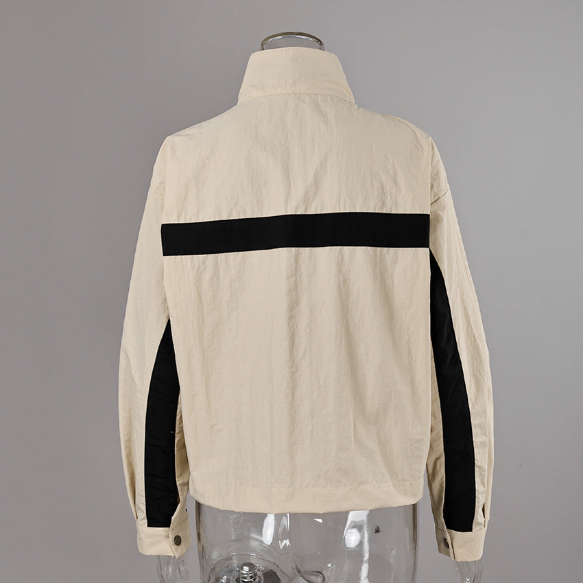 Contrast-Stripe Stand-Collar Track Jacket in Stone — back view on mannequin