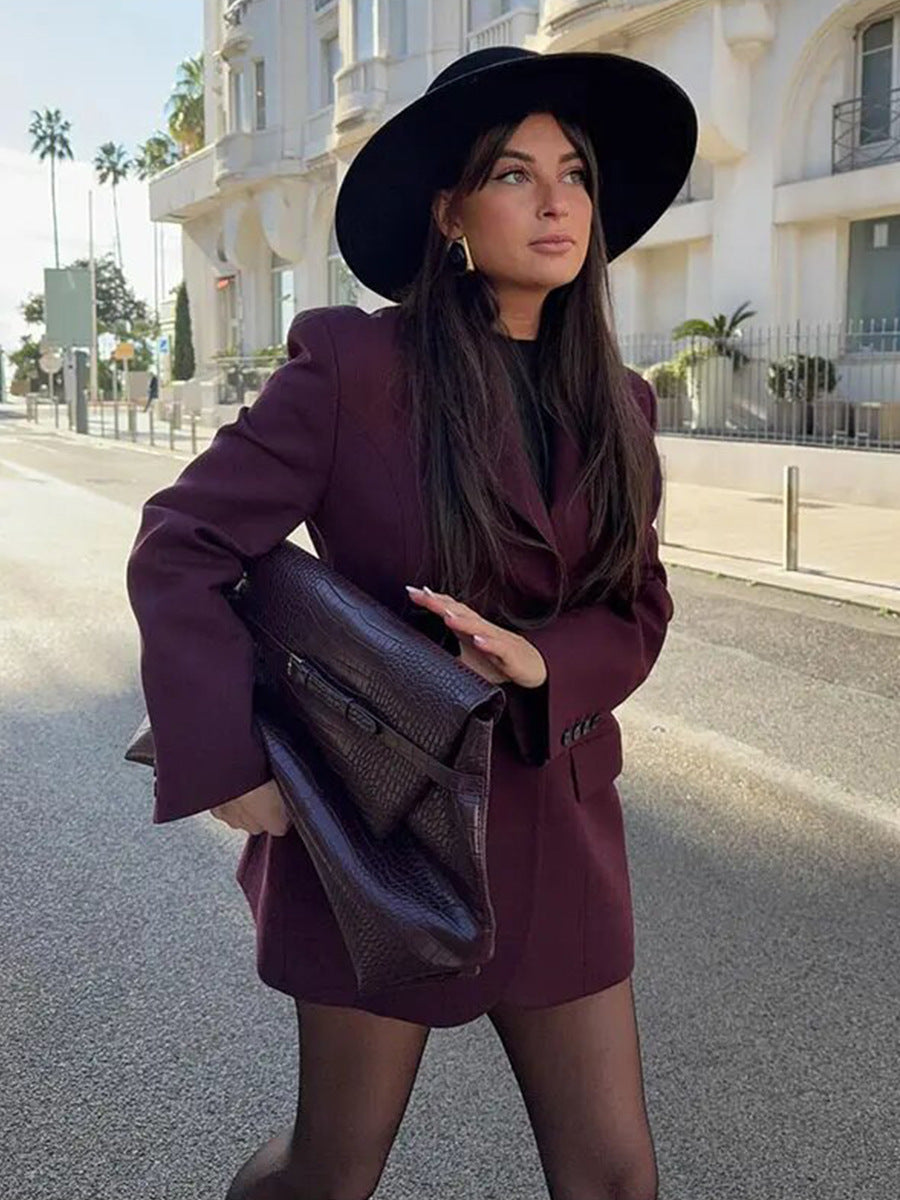 Tailored Two-Button Blazer with Cinched Waist in Burgundy — front view on model