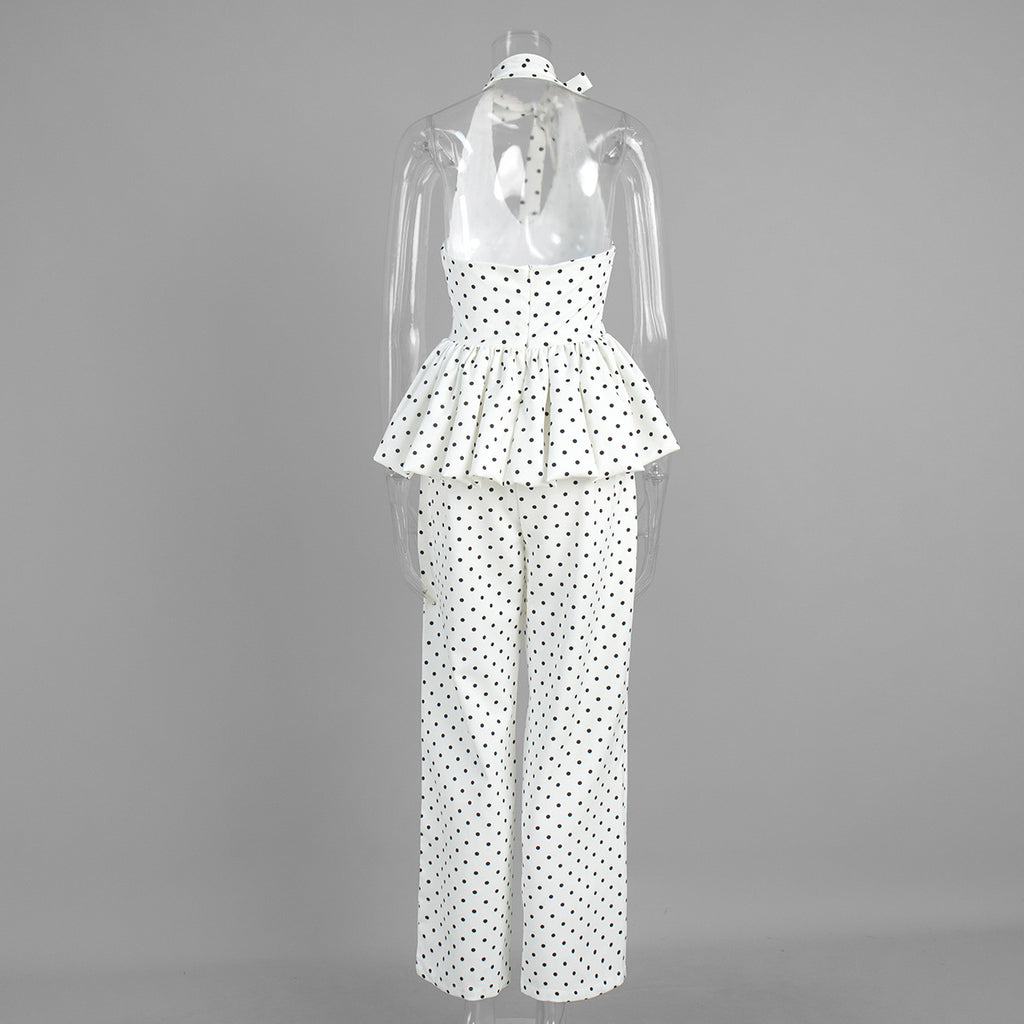 Polka Dot Halter Peplum & Wide-Leg Set in White Dot — back view on mannequin