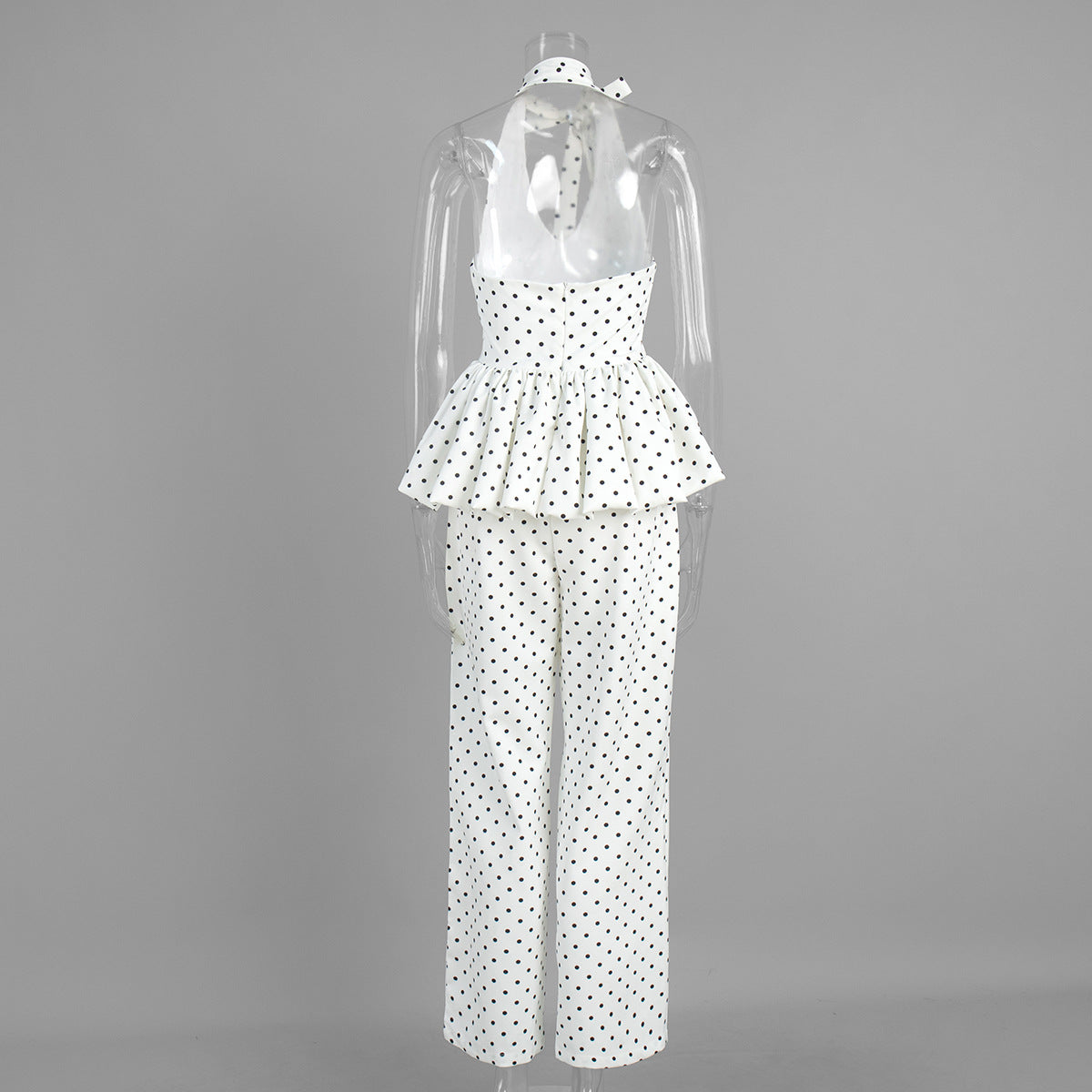 Polka Dot Halter Peplum & Wide-Leg Set in White Dot — back view on mannequin
