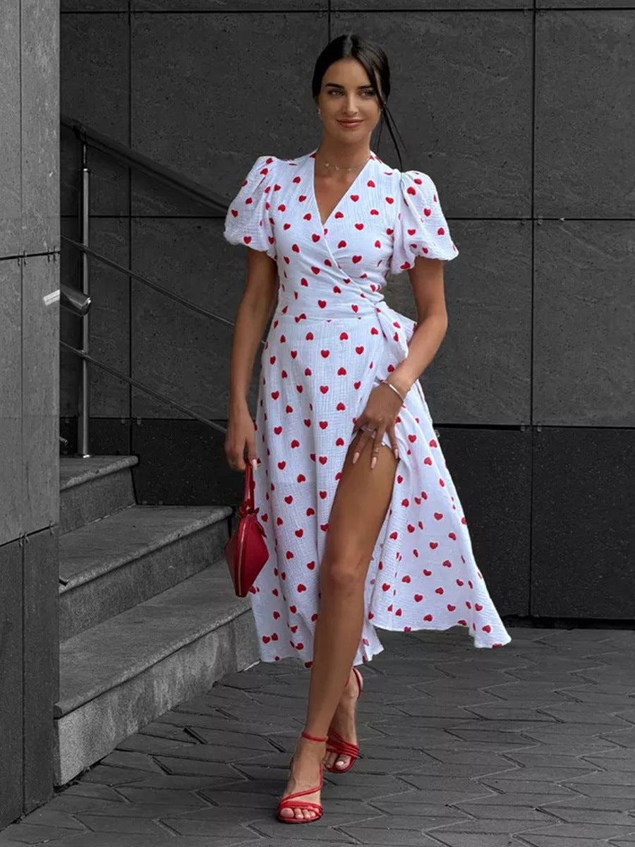 Cotton Puff-Sleeve Wrap Midi Dress in White Heart — front view
