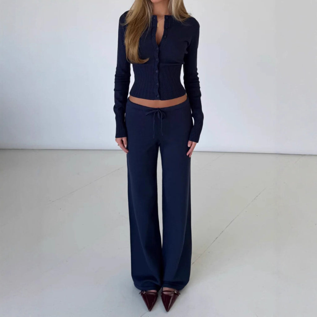 Ribbed Knit Cardigan & Low-Rise Wide-Leg Pants Set in Navy — set worn on model, full length