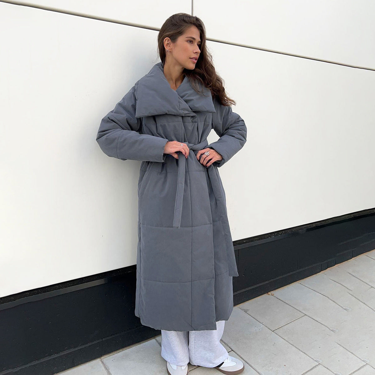 Long Belted Puffer Coat with Oversized Collar in Gray — full-length view, belted