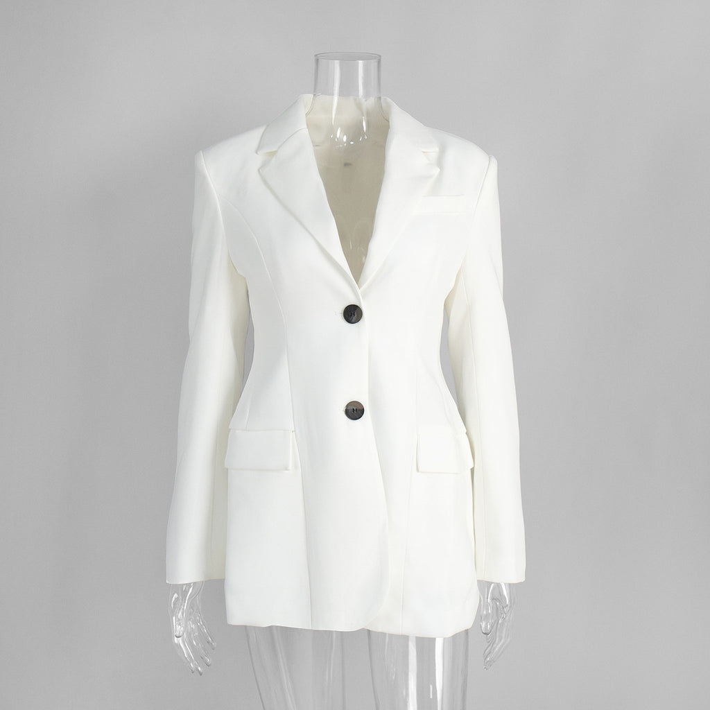 Tailored Two-Button Blazer with Cinched Waist in Ivory — front view