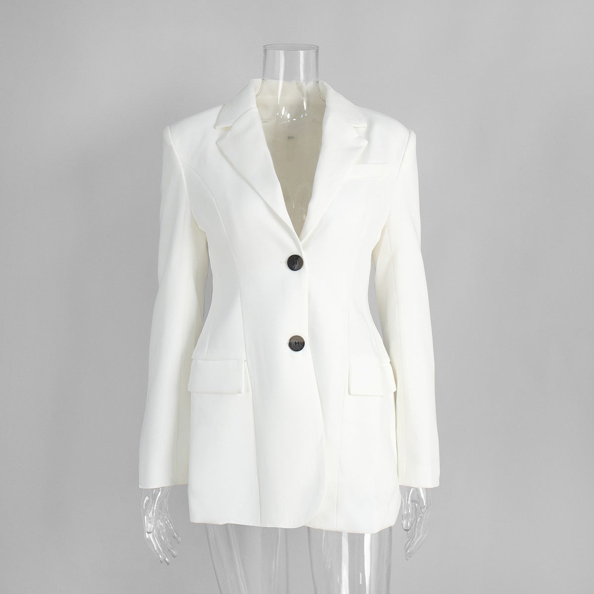 Tailored Two-Button Blazer with Cinched Waist in Ivory — front view