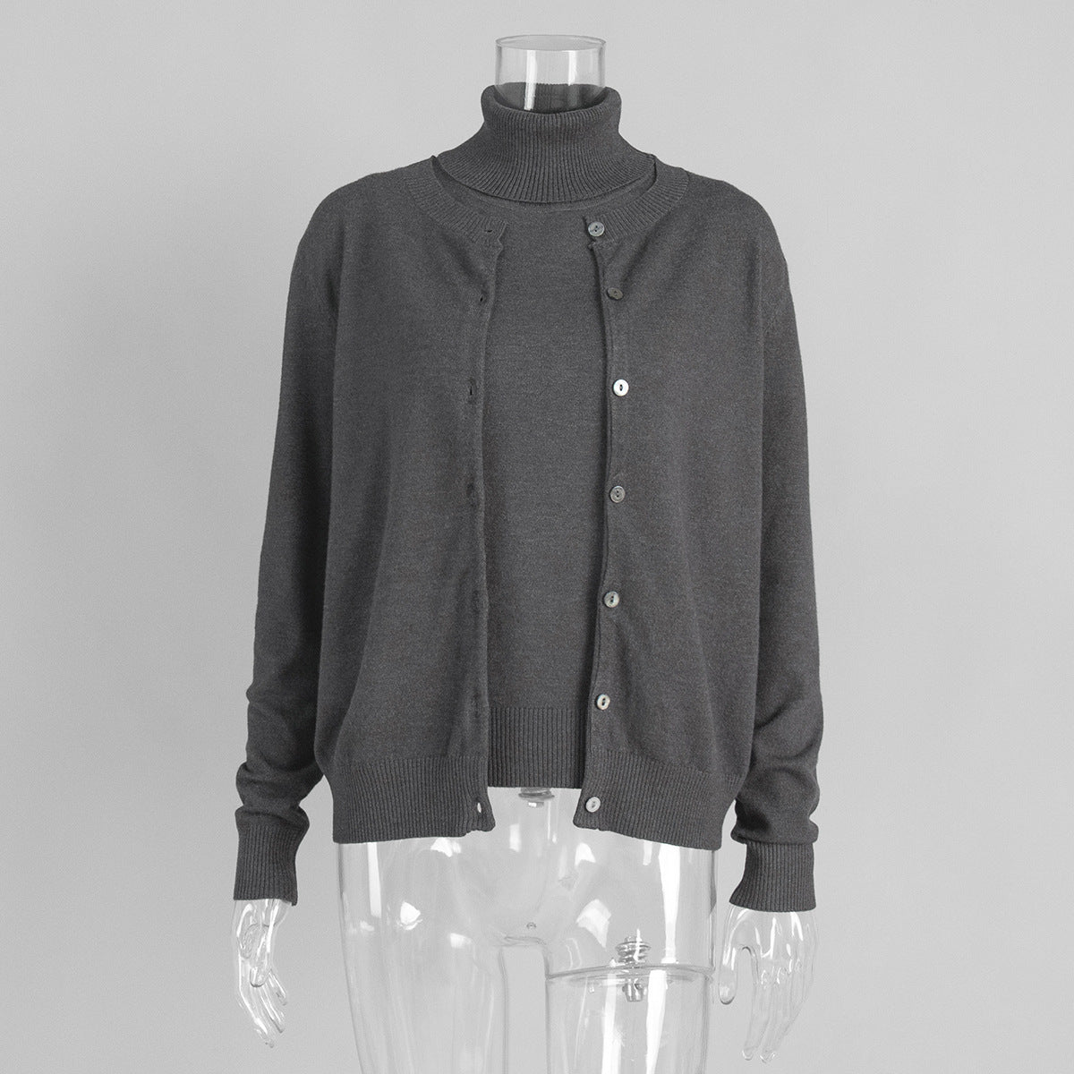Sleeveless Turtleneck Knit Top & Cardigan Twin Set in Charcoal (Set (Top + Cardigan)) — front view