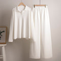 Polo Collar Knit Sweater & Wide-Leg Pants Set in Ivory — front view