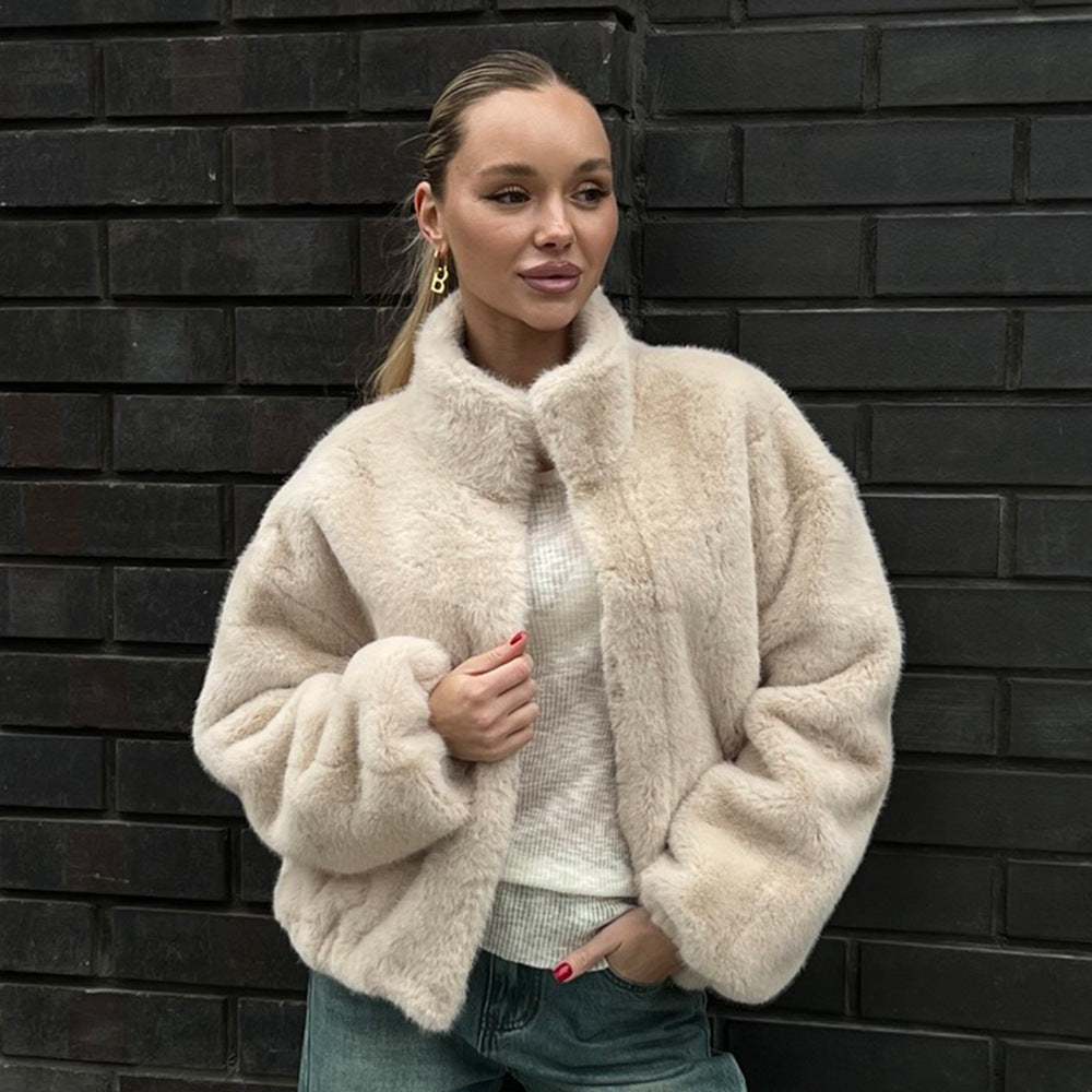 Plush Faux Fur Zip-Up Jacket with Stand Collar in Cream — front view on model, worn open
