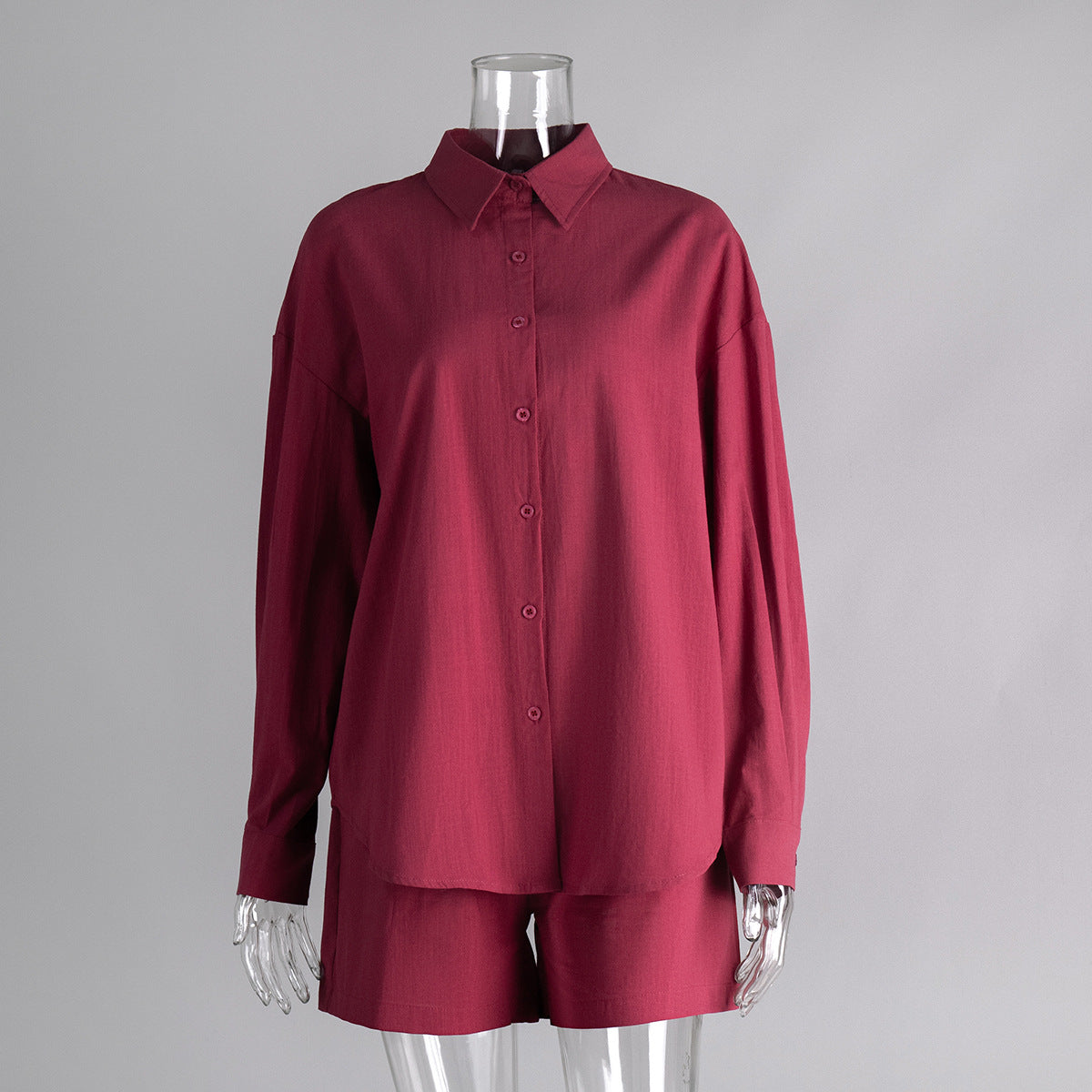Oversized Cotton Shirt & Elastic-Waist Shorts Set in Wine — set on mannequin