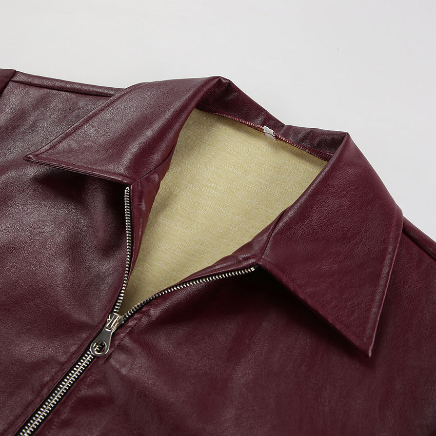 Faux Leather Bomber Jacket with Point Collar in Burgundy — close-up of the collar and lining