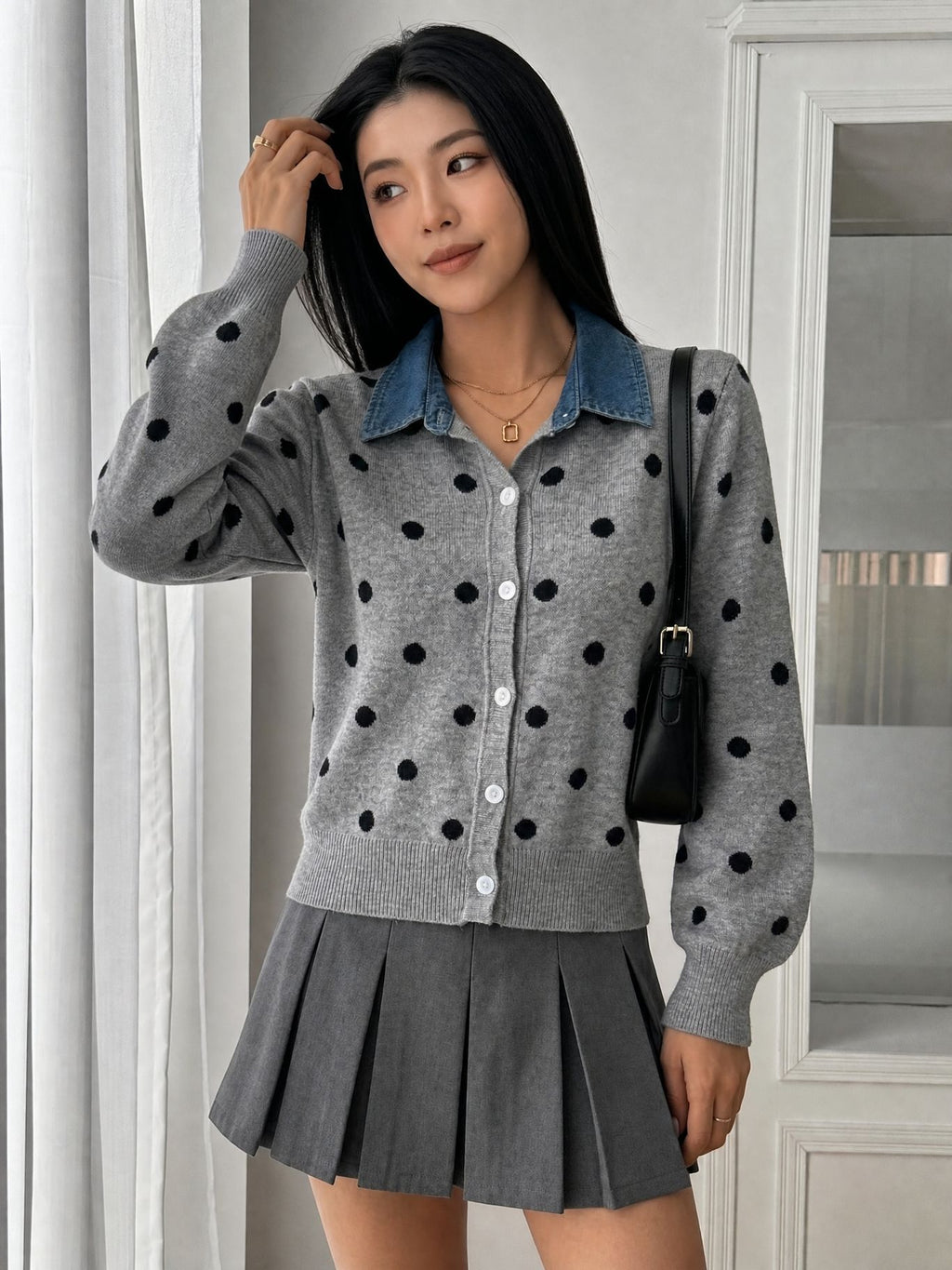 Polka-Dot Cardigan with Denim Collar in Heather Gray — on model