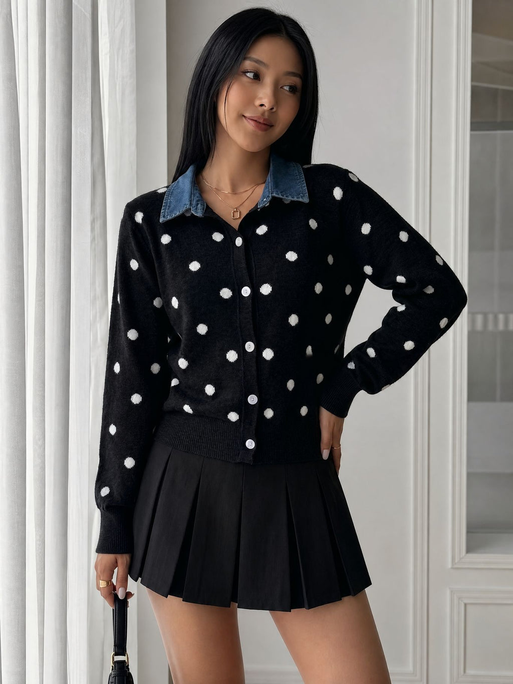 Polka-Dot Cardigan with Denim Collar in Black — on model
