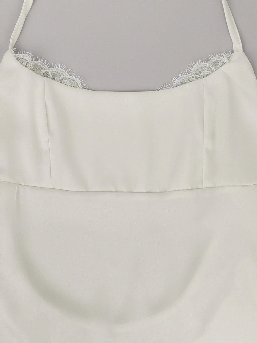 Satin Lace-Trim Mini Slip Dress with Tie Back in Ivory — close-up of the lace neckline trim
