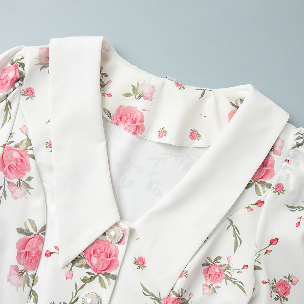Floral Puff-Sleeve Mini Dress with Contrast Collar in Cream Floral — close-up of the contrast collar