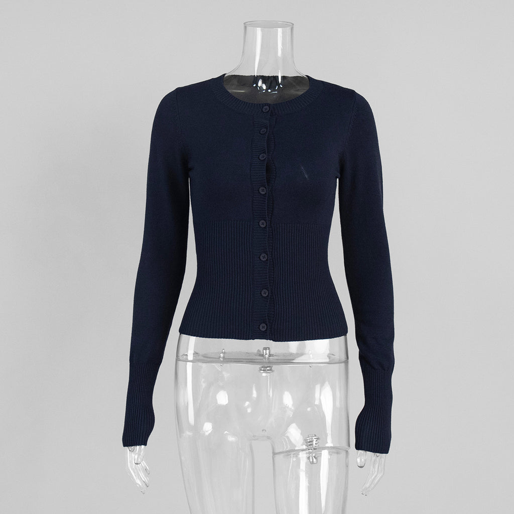 Fitted Cropped Ribbed Knit Cardigan in Navy — front view