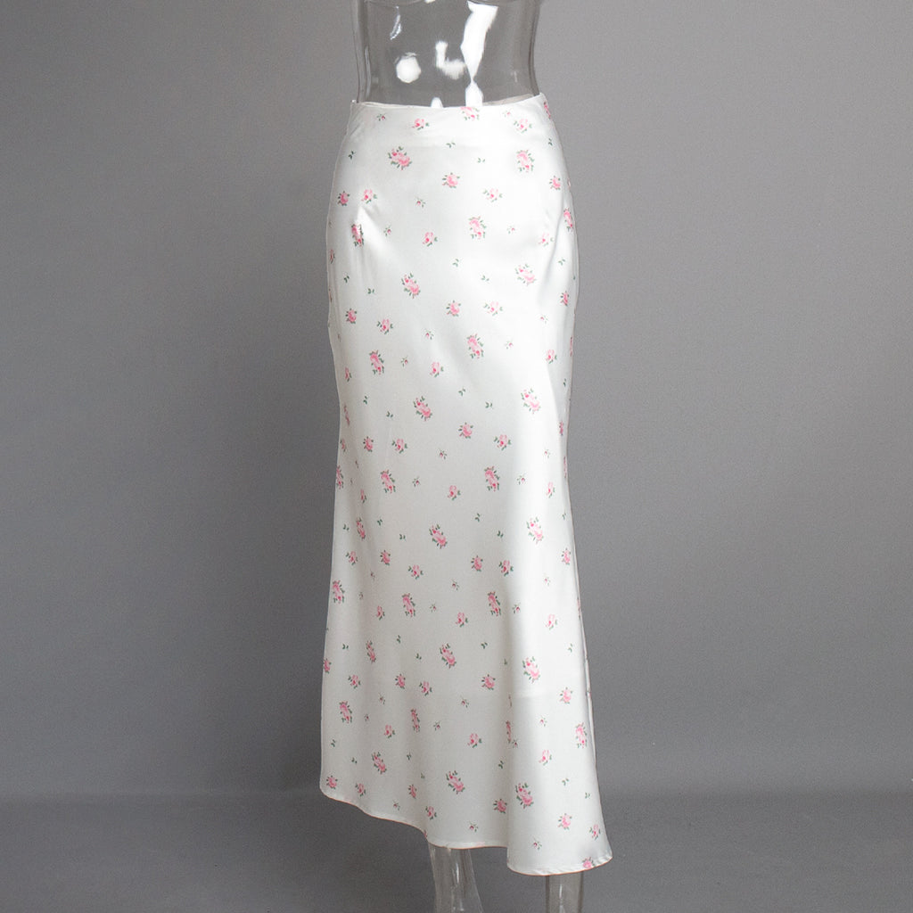 Floral Satin Maxi Skirt in White Floral — front view on mannequin