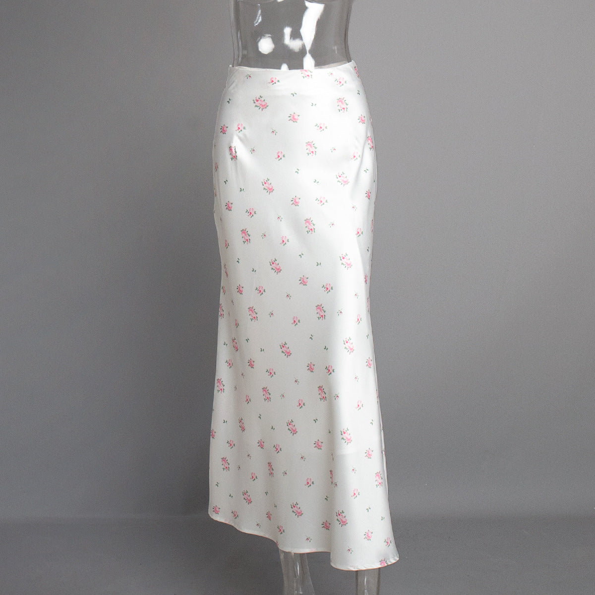 Floral Satin Maxi Skirt in White Floral — front view on mannequin