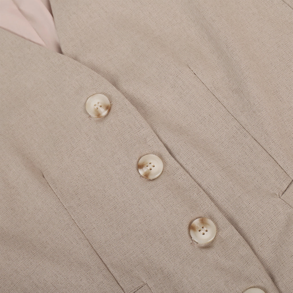 Linen-Blend Vest & Wide-Leg Pants Set in Khaki — close-up of vest buttons