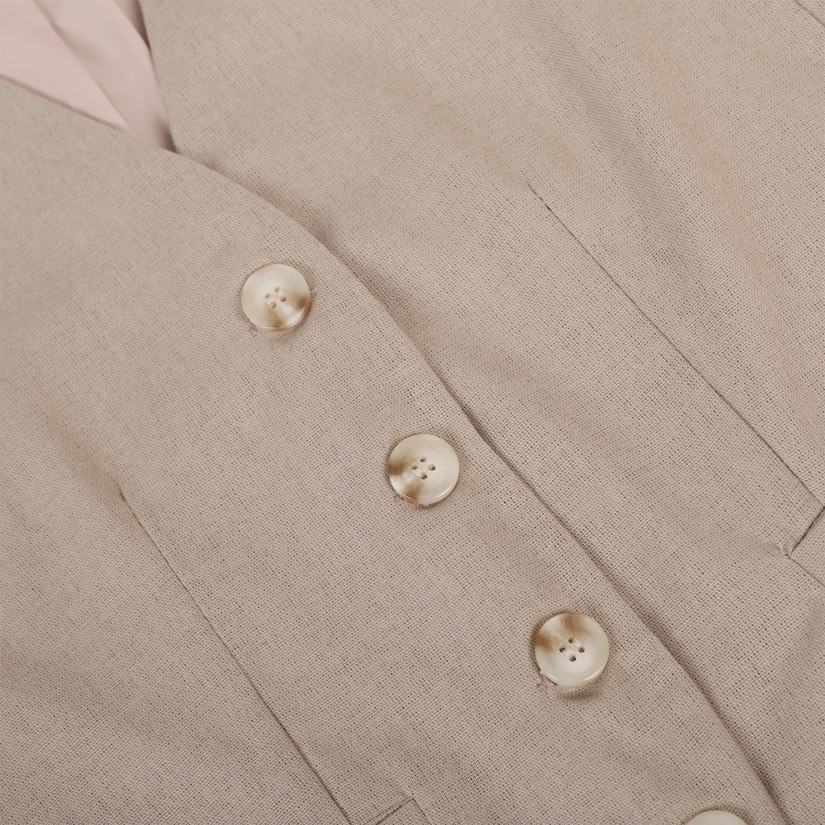 Linen-Blend Vest & Wide-Leg Pants Set in Khaki — close-up of vest buttons