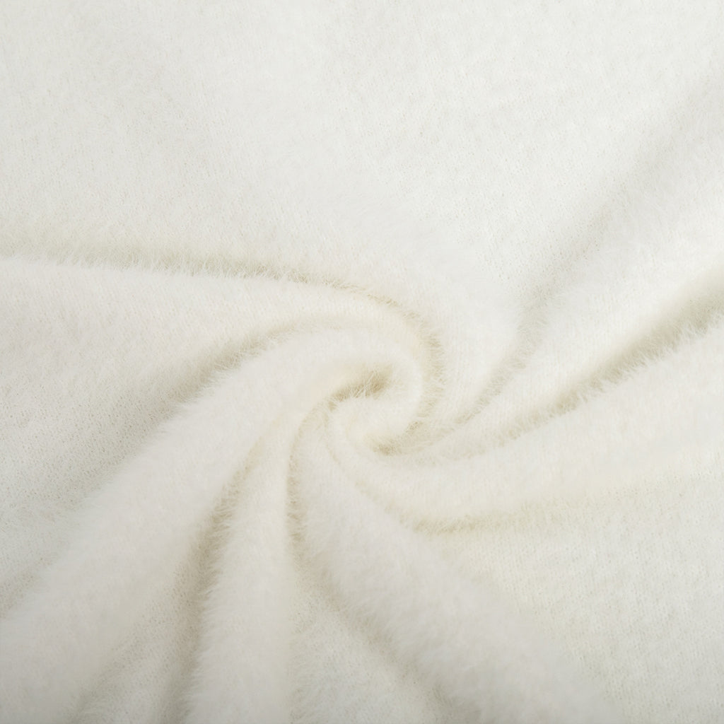 Soft Fuzzy V-Neck Sweater & Knit Maxi Skirt Set in Ivory — fuzzy knit close-up