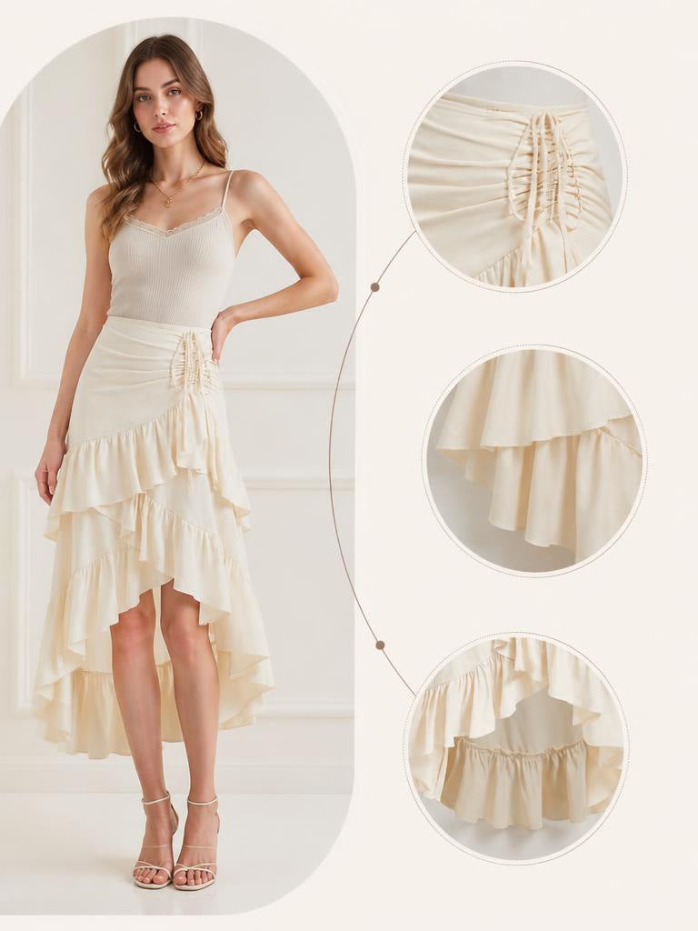 Tiered Ruffle High-Low Midi Skirt with Drawstring Ruching in Cream — close-ups of drawstring ruching and ruffle tiers