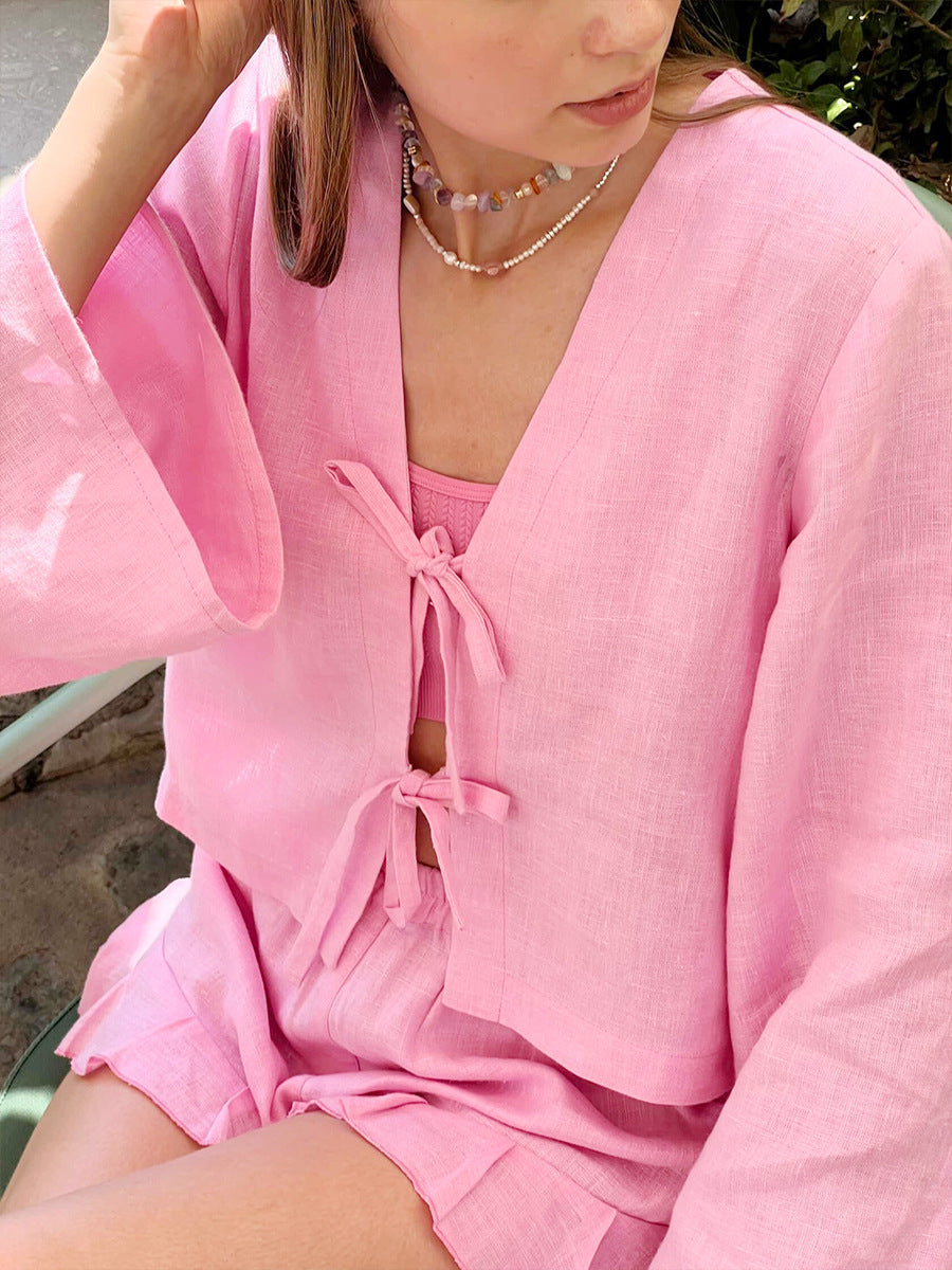 Cotton Tie-Front Top & Ruffle Shorts Set in Pink — close-up of the pink front ties
