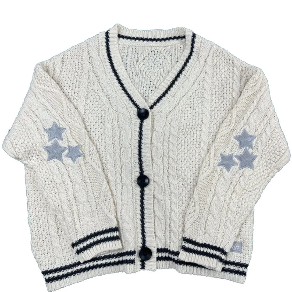 Star-Elbow Cable Knit Cardigan in Ivory with Black Trim — flat view with star elbow details