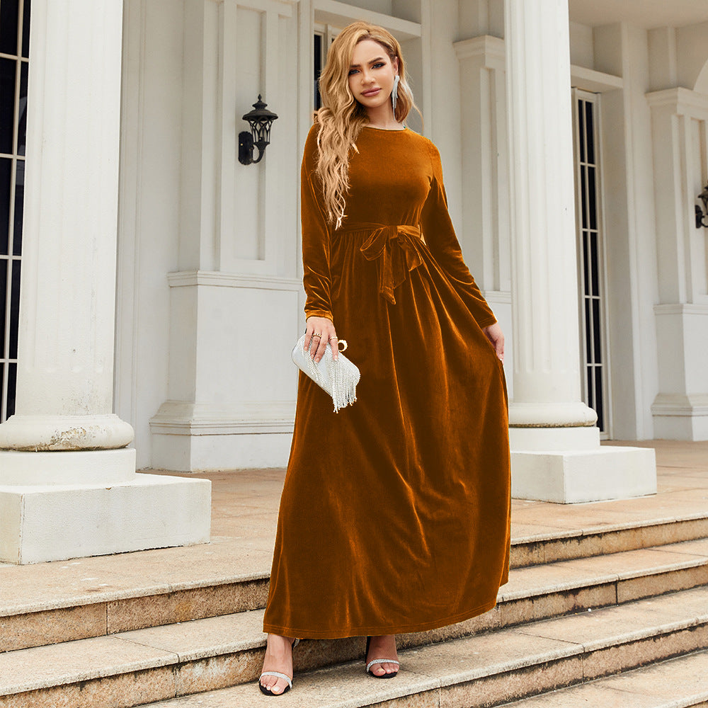 Long-Sleeve Velvet Maxi Dress with Tie Waist in Rust — full-length view on model