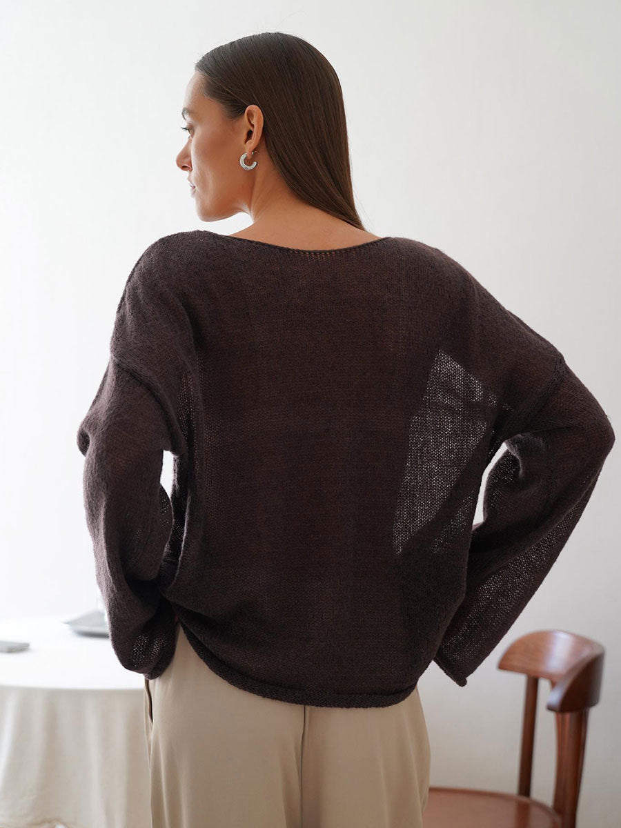 Sheer Open-Knit Bell Sleeve Sweater in Coffee Brown — back view on model
