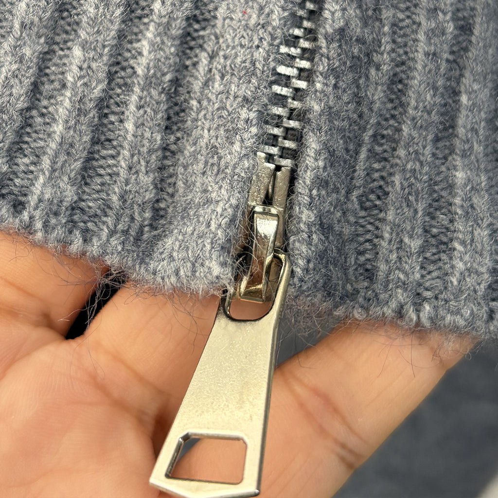 Ribbed Hooded Zip Top and Wide-Leg Pants Set in Gray — zip detail
