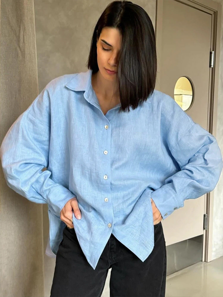 Relaxed Cotton Button-Down Shirt in Sky Blue — on model
