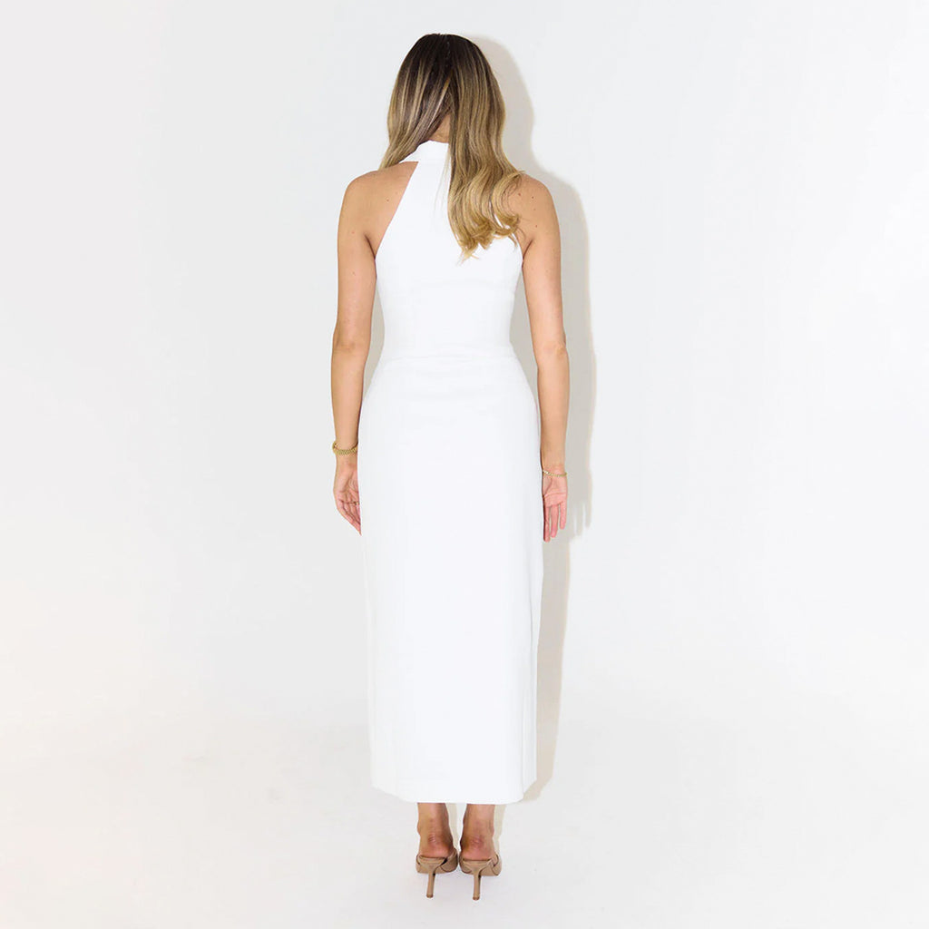 Sleeveless Button-Front Collared Maxi Dress in White — back view on model, studio