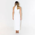 Sleeveless Button-Front Collared Maxi Dress in White — back view on model, studio