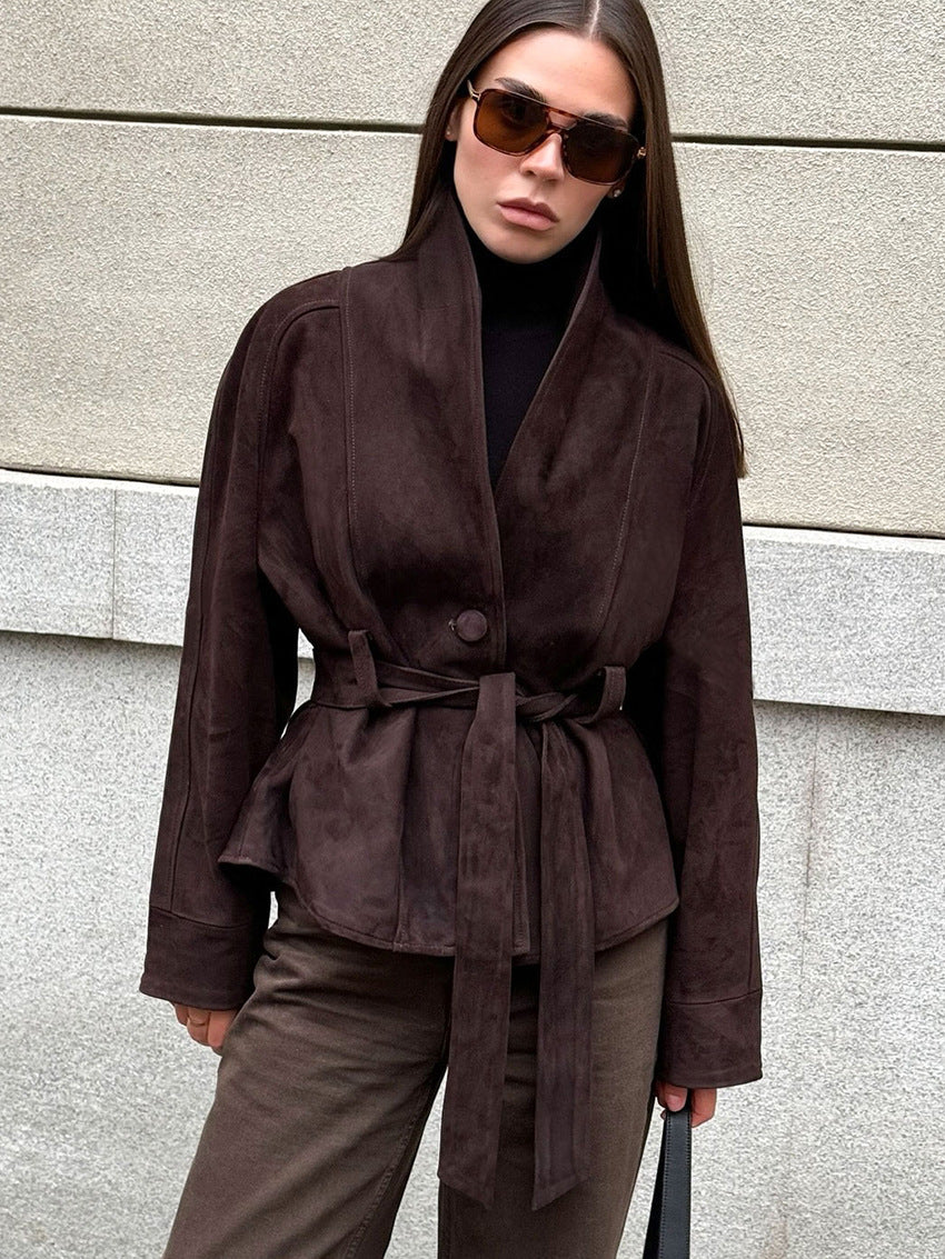 Belted Faux Suede Jacket with Shawl Collar in Espresso — front view on model