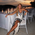 Lace-Trim Satin Maxi Slip Dress in White — front view on model, evening table