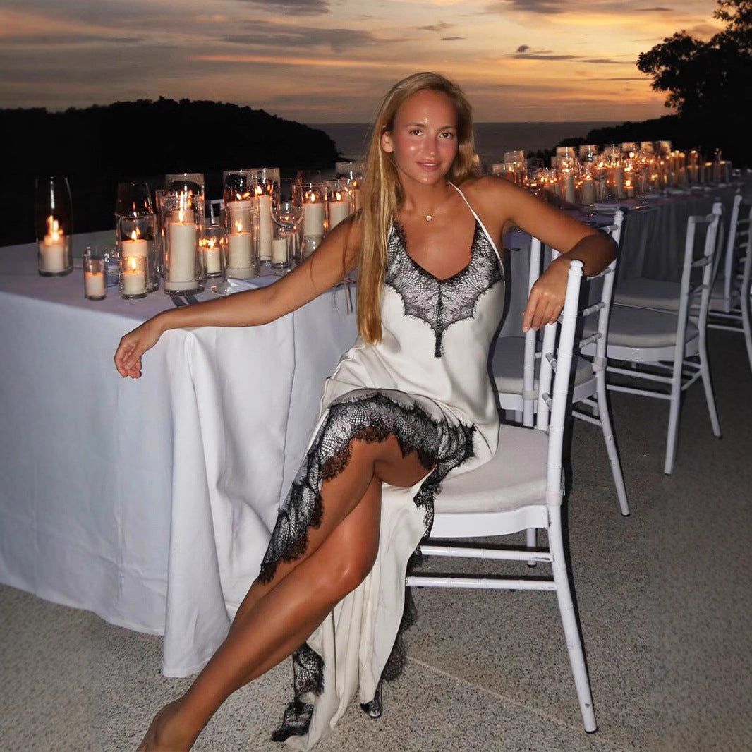 Lace-Trim Satin Maxi Slip Dress in White — front view on model, evening table