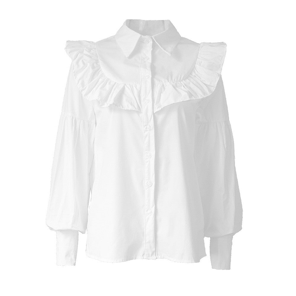 Cotton Ruffle Collar Button-Down Blouse in White — front flat product shot