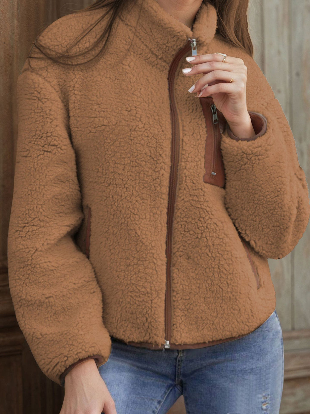 Teddy Fleece Zip-Up Jacket with Contrast Pockets in Camel — front view on model