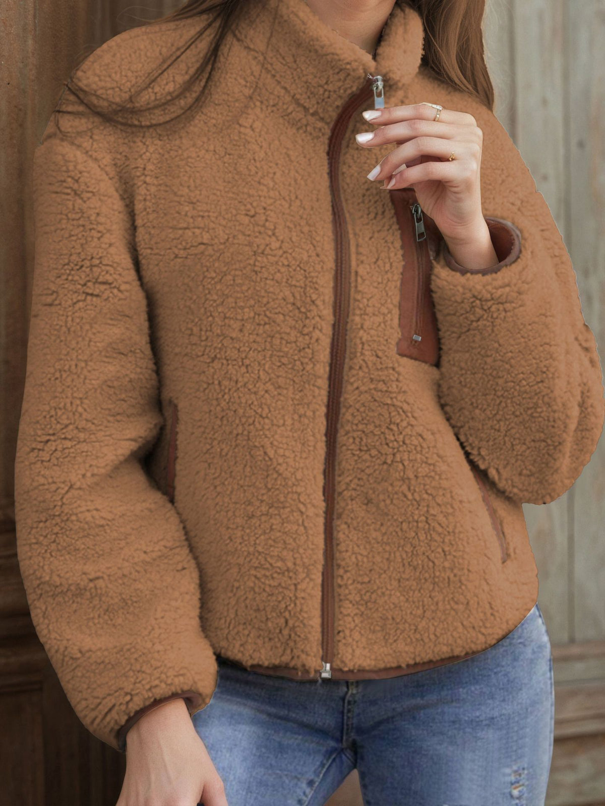 Teddy Fleece Zip-Up Jacket with Contrast Pockets in Camel — front view on model