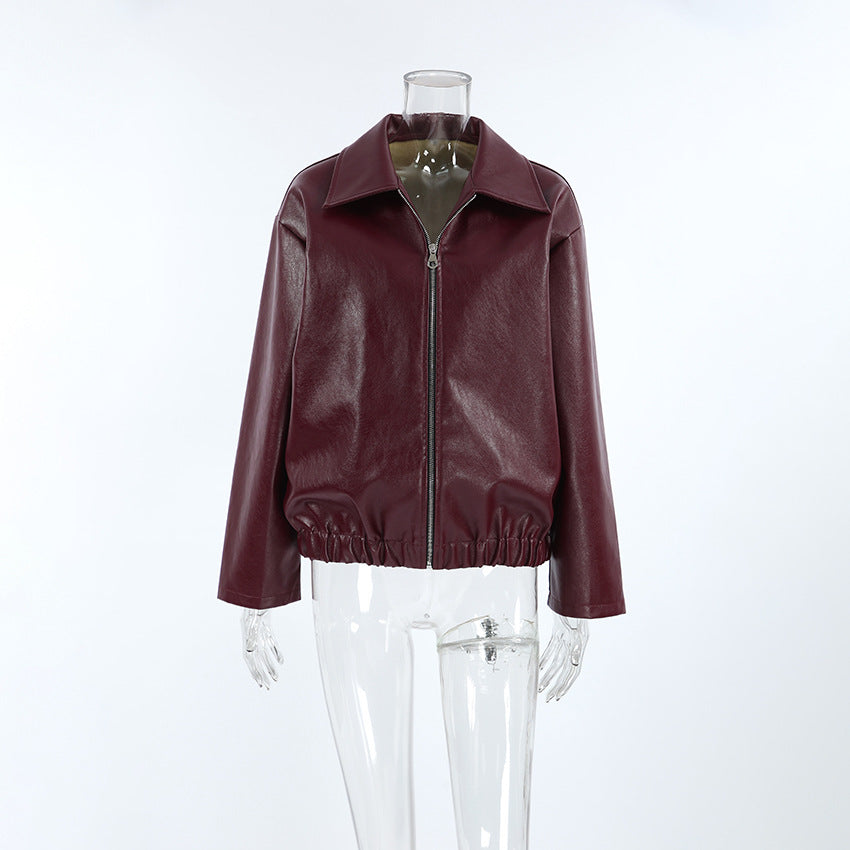 Faux Leather Bomber Jacket with Point Collar in Burgundy — front view on mannequin